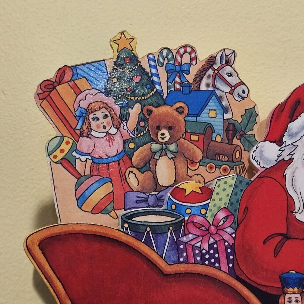 90s Christmas Animated Santa Sleigh‎ Reindeer Wooden Musical Winter Wall Decor